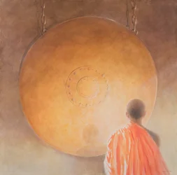 Giovane monaco buddista e gong, Bhutan, 2010